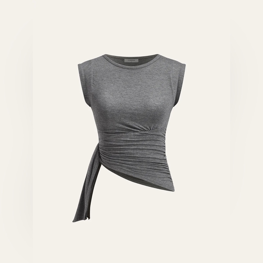 Commense Asymmetric Ruched Gray Sleeveless Top